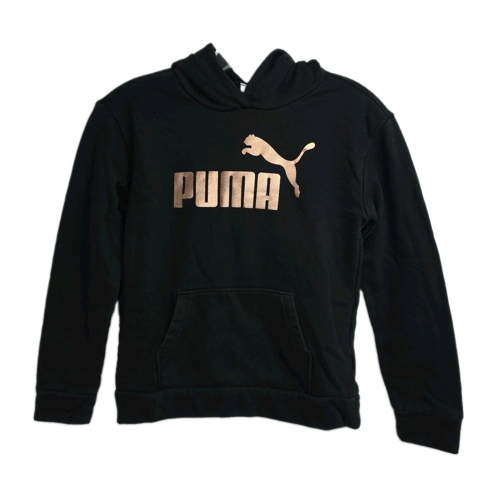 Puma Hoodie Sweatshirt Girls Size L (12-14) Black Shiny Pink Logo Pocket‎